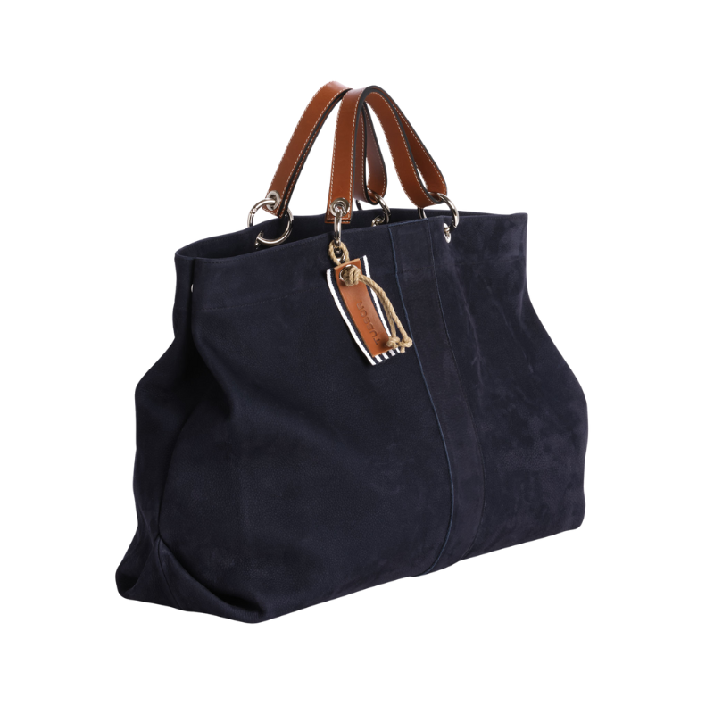 Sac Canotage Large Cuir Nubuck Veau Bleu Marine Profil