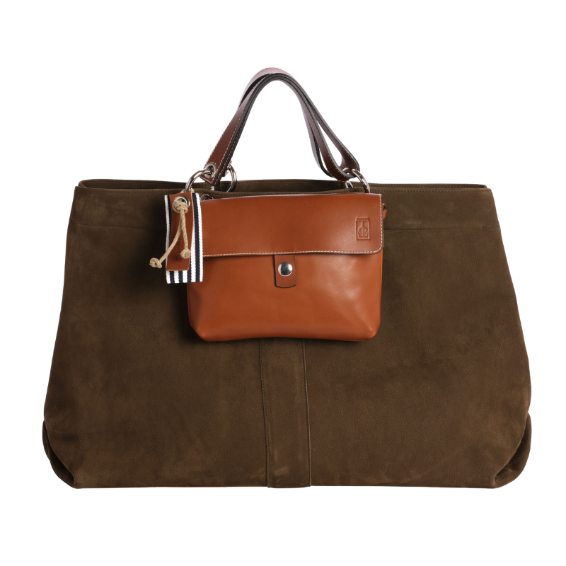 Sac Canotage Large Cuir Nubuck Veau taupe+ Compagnon Cuir Gold