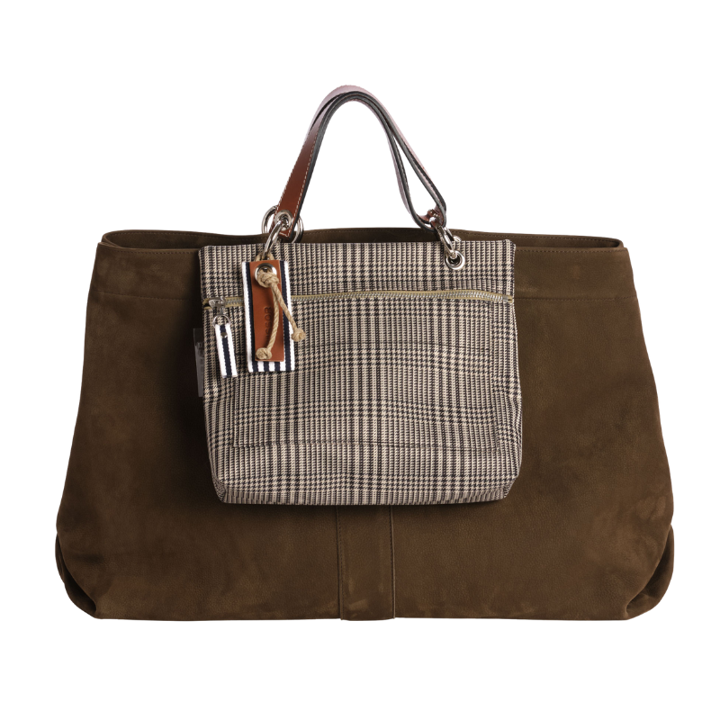 Sac Canotage Large Cuir Nubuck Veau taupe + Equipier Polyesther Prince de Galles