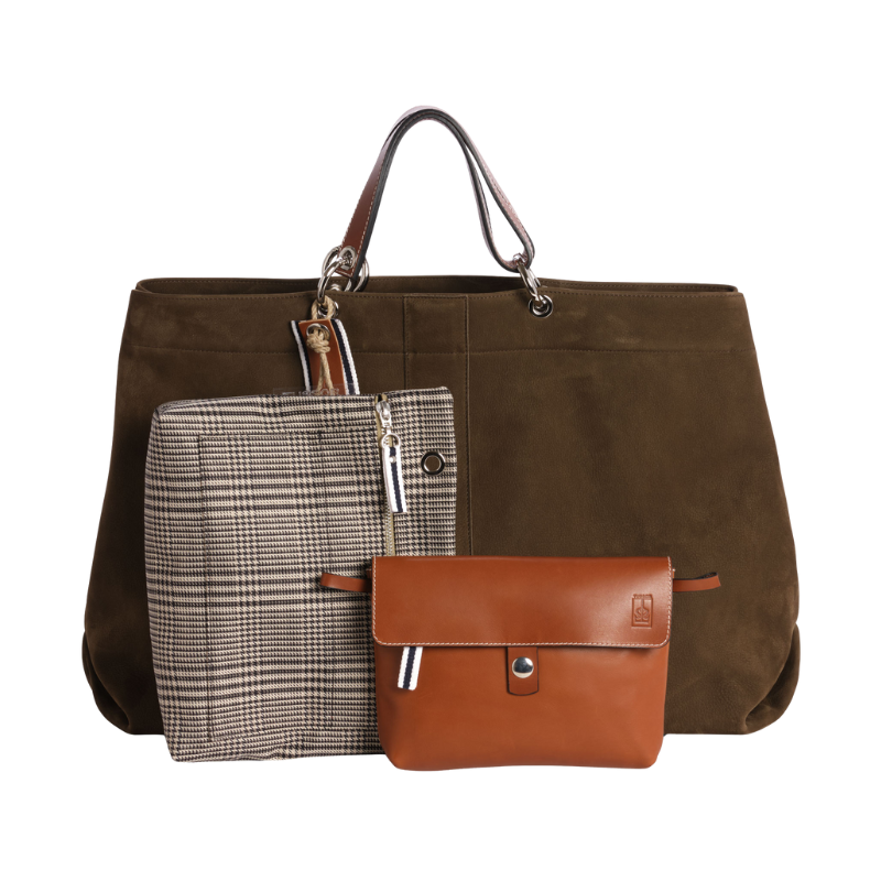 Sac Canotage Large Cuir Nubuck Veau taupe + Equipier Polyesther Prince de Galles + Compagnon Cuir Gold