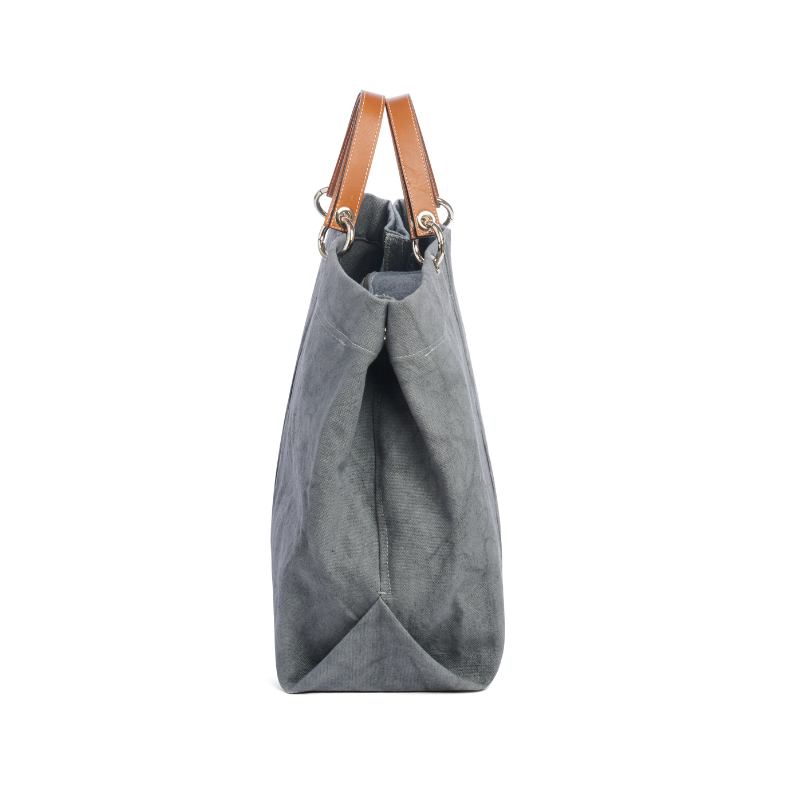 grand sac modulable en coton gris, pour le week-end, avec des anses en cuir naturel