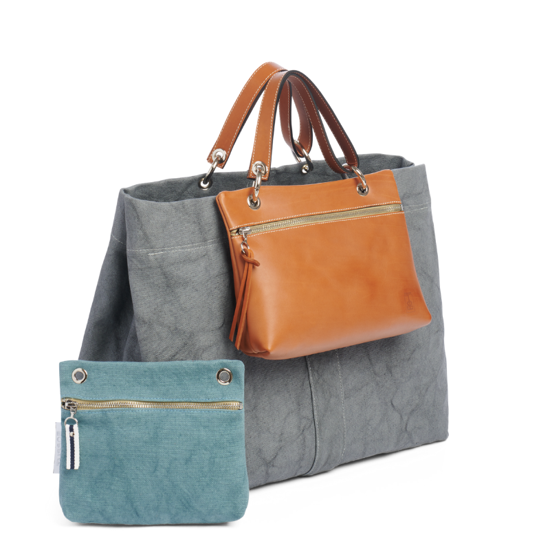 grand sac modulable en coton gris, pour le week-end, avec des anses en cuir naturel