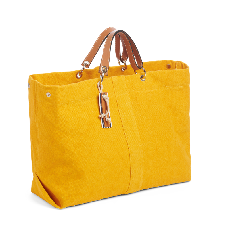 grand sac modulable en coton jaune, pour le week-end, avec des anses en cuir naturel