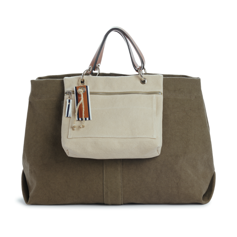 grand sac modulable en coton kaki, pour le week-end, avec des anses en cuir naturel et sa pochette equipier grege
