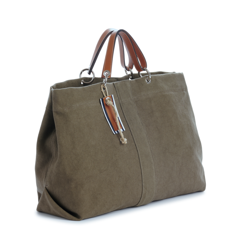 grand sac modulable en coton kaki, pour le week-end, avec des anses en cuir naturel