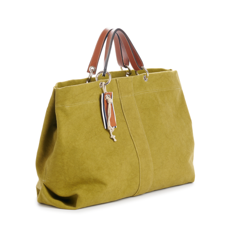 grand sac modulable en coton olive, pour le week-end, avec des anses en cuir naturel