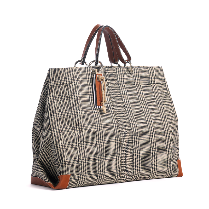 grand sac modulable en polyester prince de galles, pour le week-end, avec des anses en cuir naturel