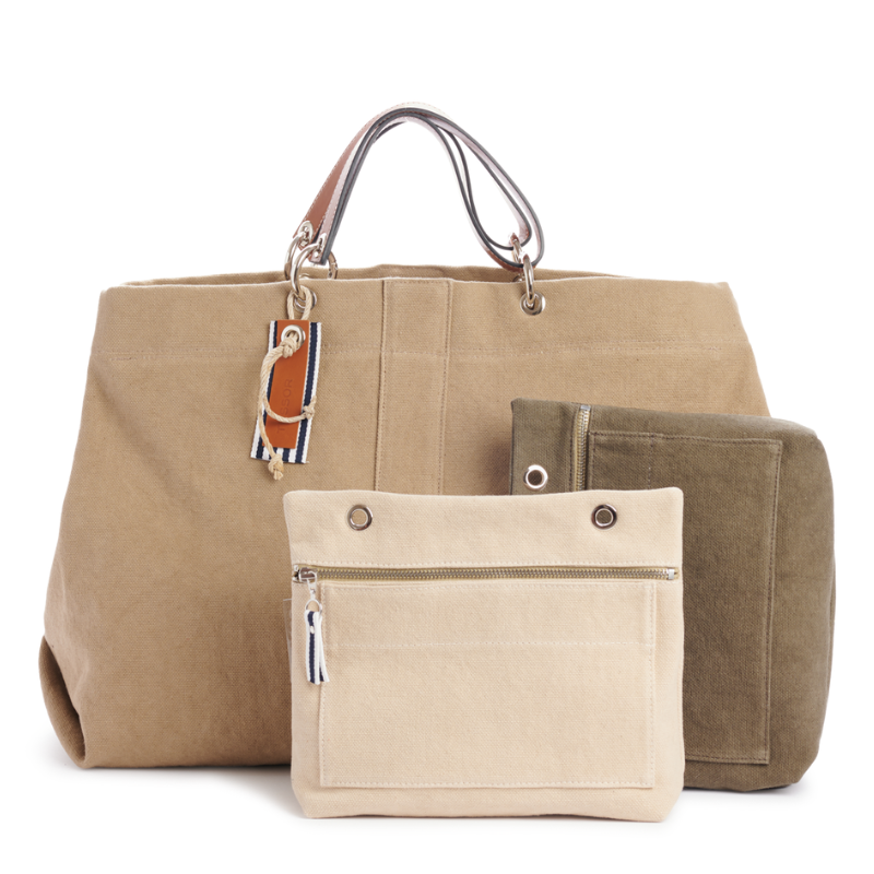 grand sac modulable en coton sable, pour le week-end, avec des anses en cuir naturel et ses pochettes equipier grege et kaki