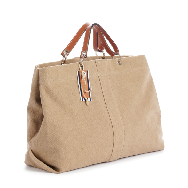 grand sac modulable en coton sable, pour le week-end, avec des anses en cuir naturel