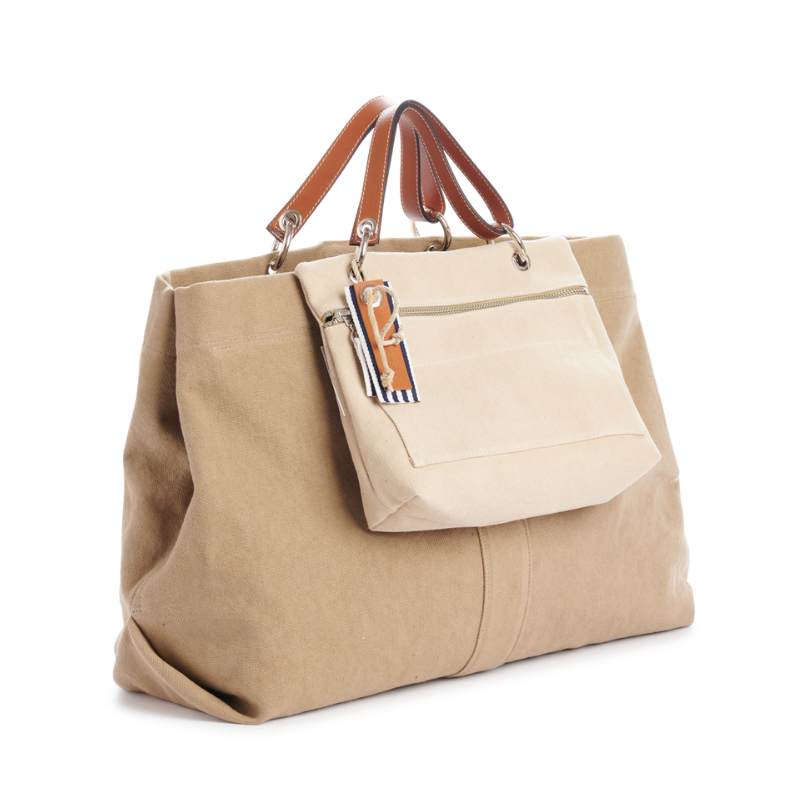 grand sac modulable en coton sable, pour le week-end, avec des anses en cuir naturel et sa pochette equipier grege