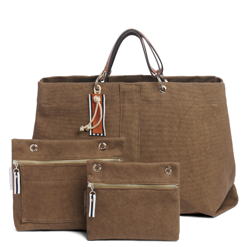 grand sac modulable en coton taupe, pour le week-end, avec des anses en cuir naturel et sa pochette yole taupe