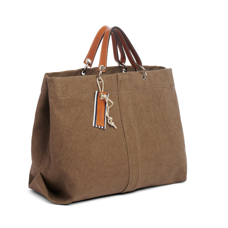 grand sac modulable en coton taupe, pour le week-end, avec des anses en cuir naturel