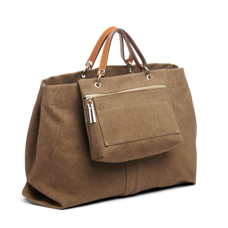 grand sac modulable en coton taupe, pour le week-end, avec des anses en cuir naturel et ses pochettes equipier et yole taupe