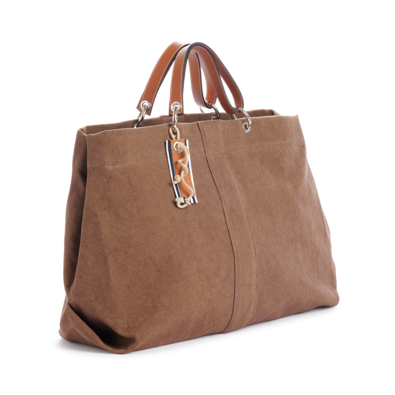 grand sac modulable en coton terre, pour le week-end, avec des anses en cuir naturel