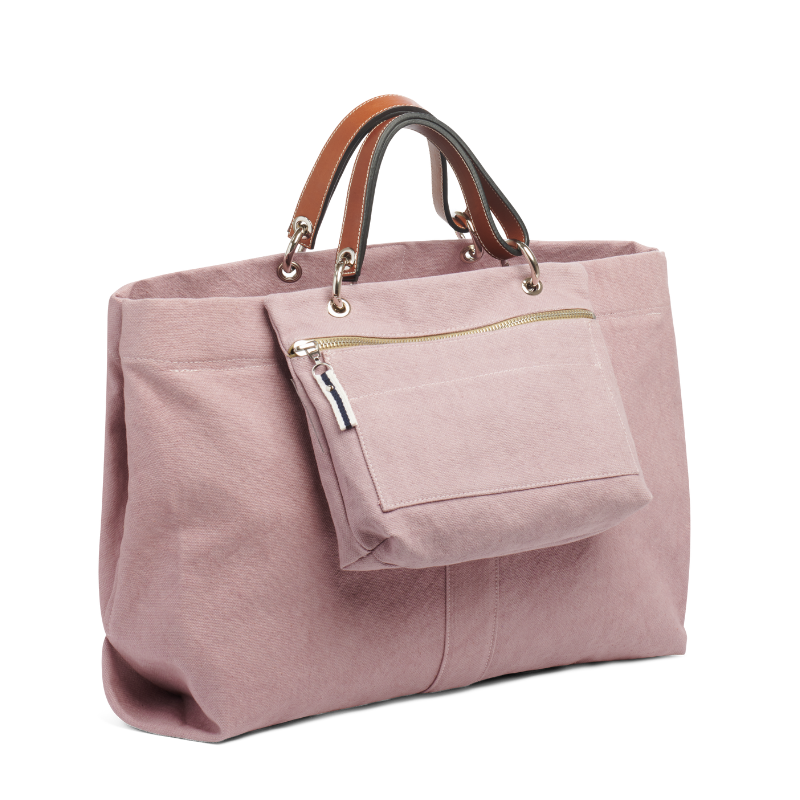 grand sac modulable en coton vieux rose, pour le week-end, avec des anses en cuir naturel et sa pochette equipier vieux rose