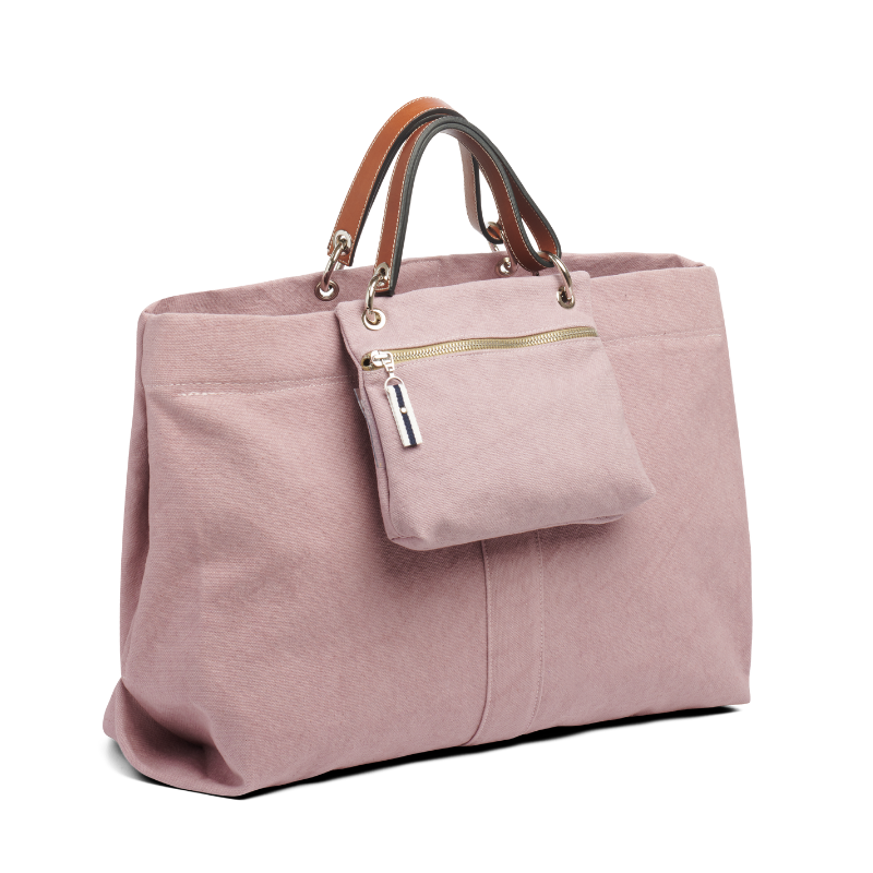 grand sac modulable en coton vieux rose, pour le week-end, avec des anses en cuir naturel et sa pochette yole vieux rose