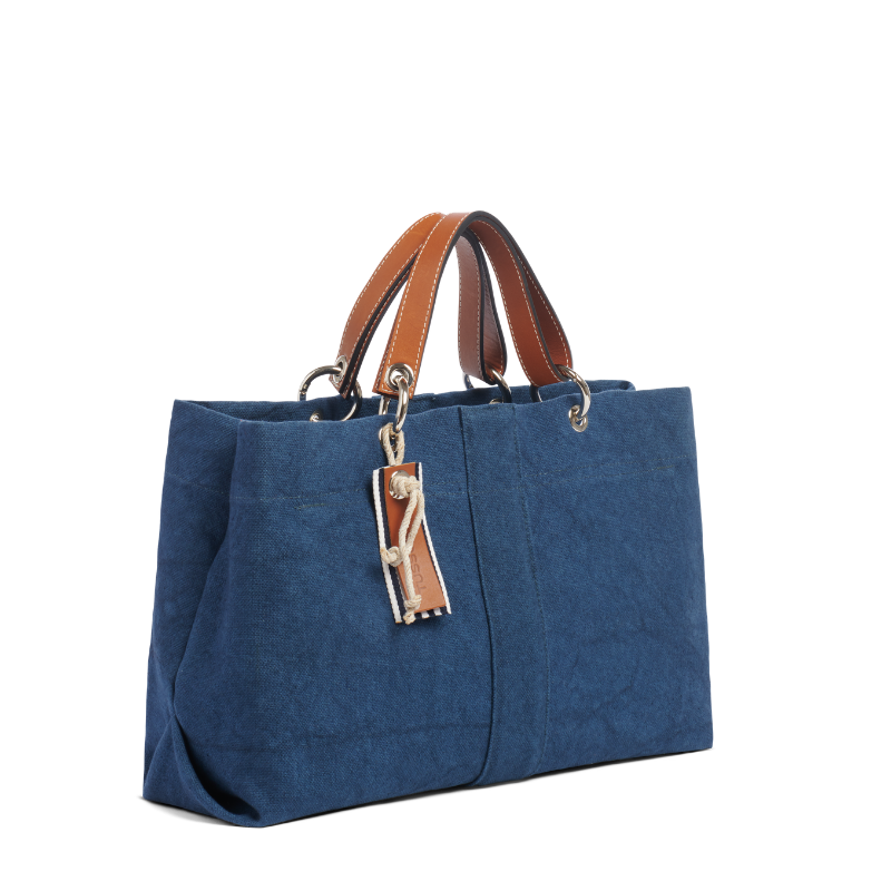 sac de ville modulable en coton bleu canard et ses anses en cuir naturel