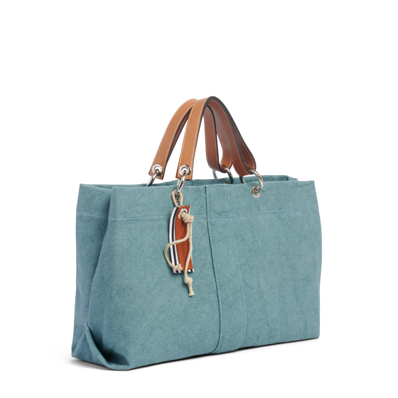 sac de ville modulable en coton bleu français avec des anses en cuir naturel