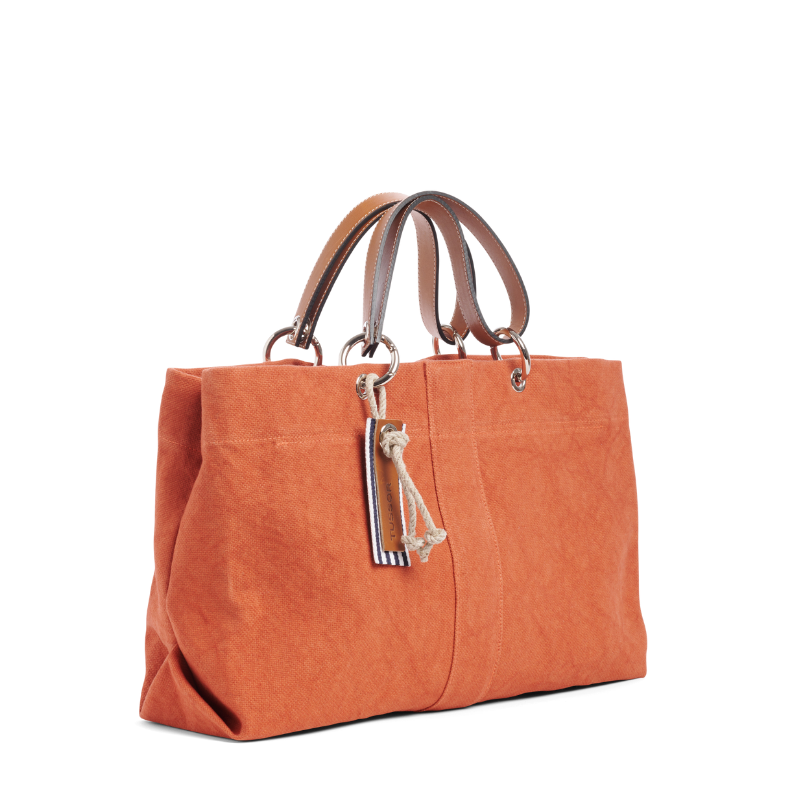 sac de ville modulable en coton brique avec des anses en cuir naturel