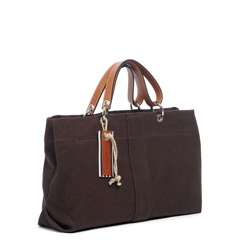 sac de ville modulable en coton chocolat et ses anses en cuir naturel