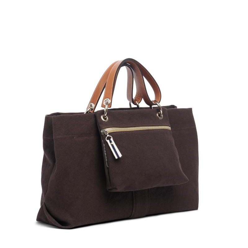 sac de ville modulable en coton chocolat et ses anses en cuir naturel  et sa pochette yole chocolat
