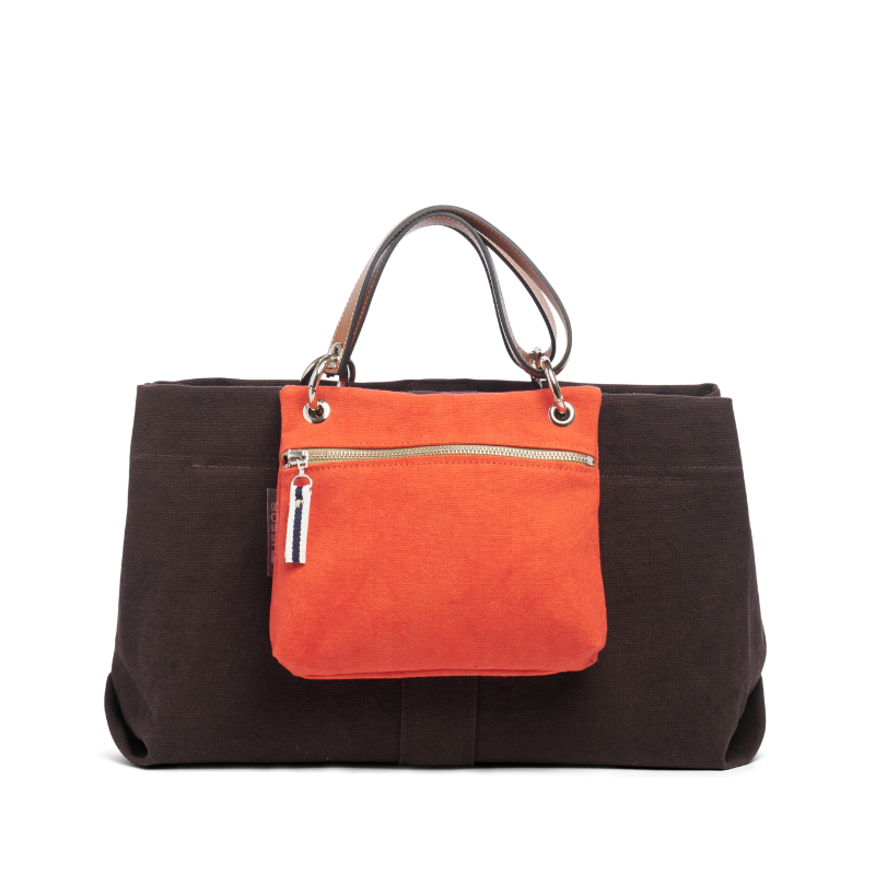 sac de ville modulable en coton chocolat et ses anses en cuir naturel  et sa pochette yole taupe