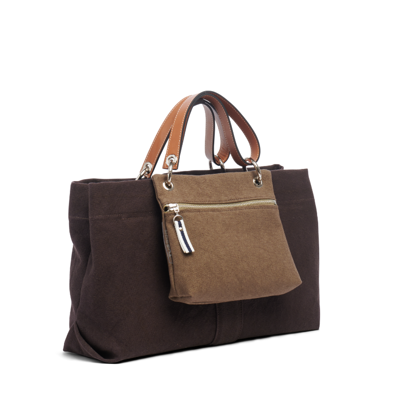sac de ville modulable en coton chocolat et ses anses en cuir naturel et sa pochette yole corail