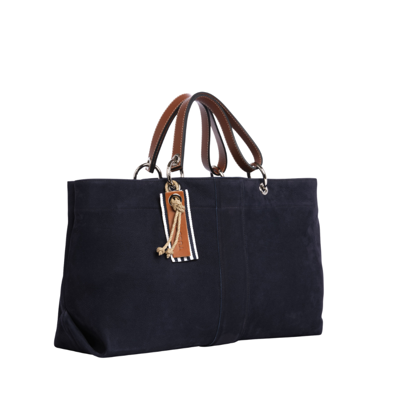 sac de ville modulable en cuir nubuck veau bleu marine avec des anses en cuir naturel