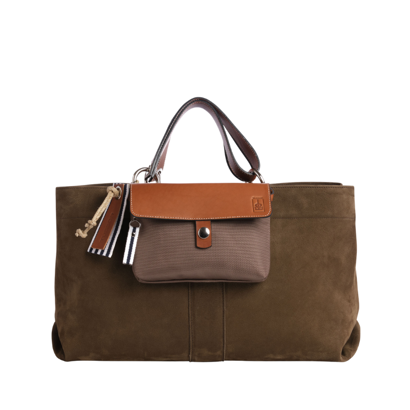 sac de ville modulable en cuir nubuck veau kaki avec des anses en cuir naturel
