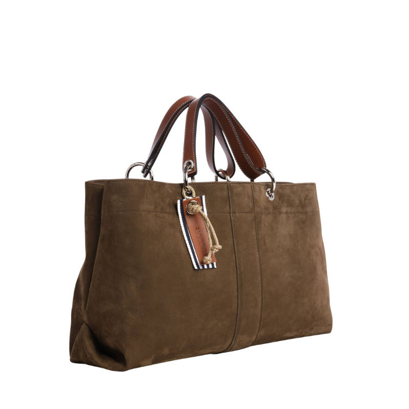 sac de ville modulable en cuir nubuck veau kaki avec des anses en cuir naturel