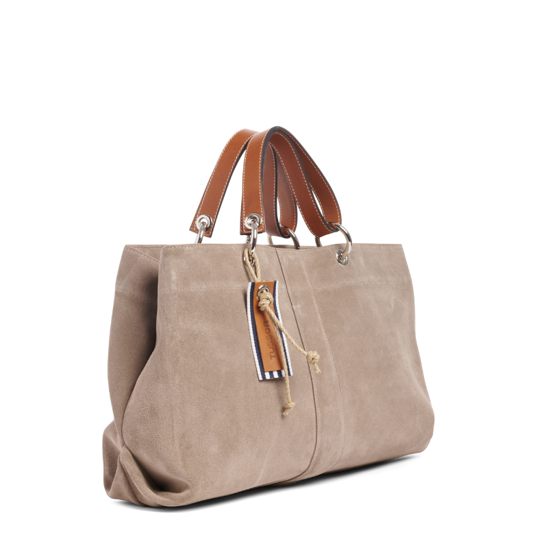 sac de ville modulable en cuir vachette velours galet avec des anses en cuir naturel