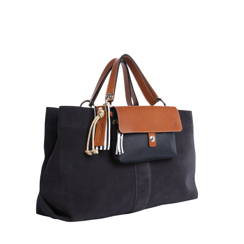 sac de ville modulable en cuir vachette velours bleu marine avec des anses en cuir naturel