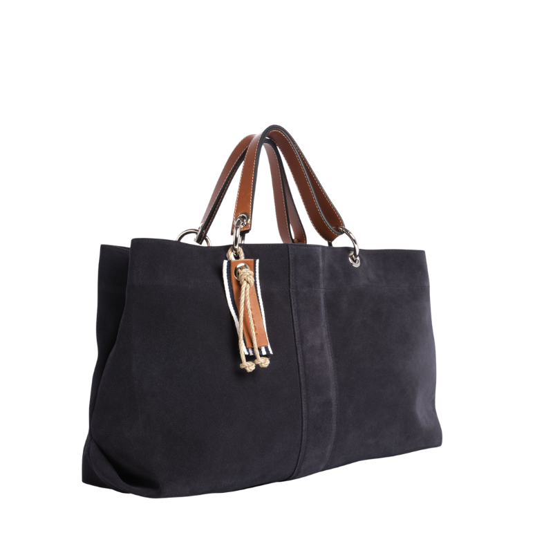 sac de ville modulable en cuir vachette velours bleu marine avec des anses en cuir naturel