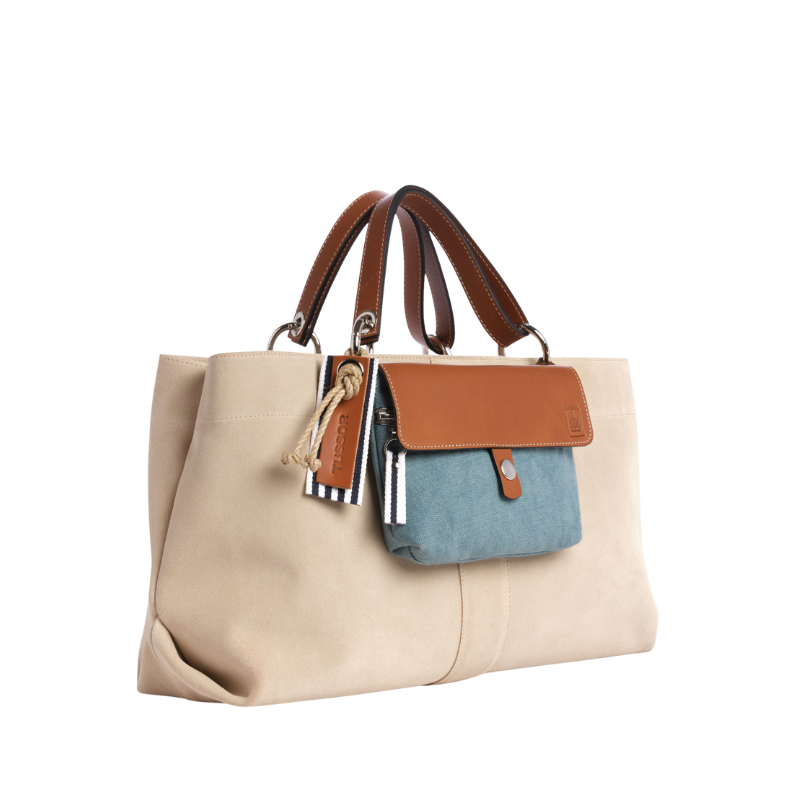 sac de ville modulable en cuir vachette velours grège avec des anses en cuir naturel