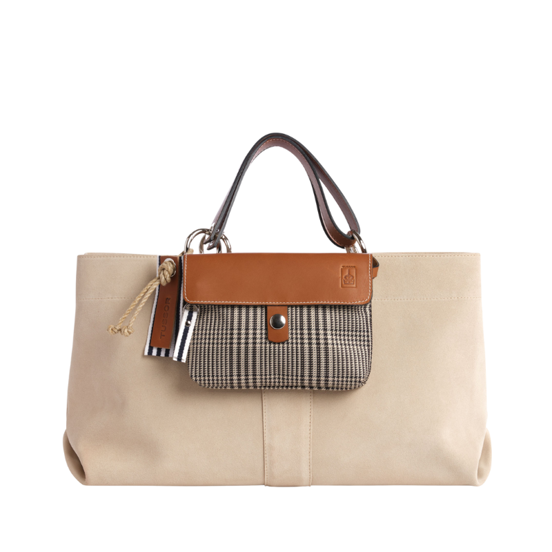 sac de ville modulable en cuir vachette velours grège avec des anses en cuir naturel