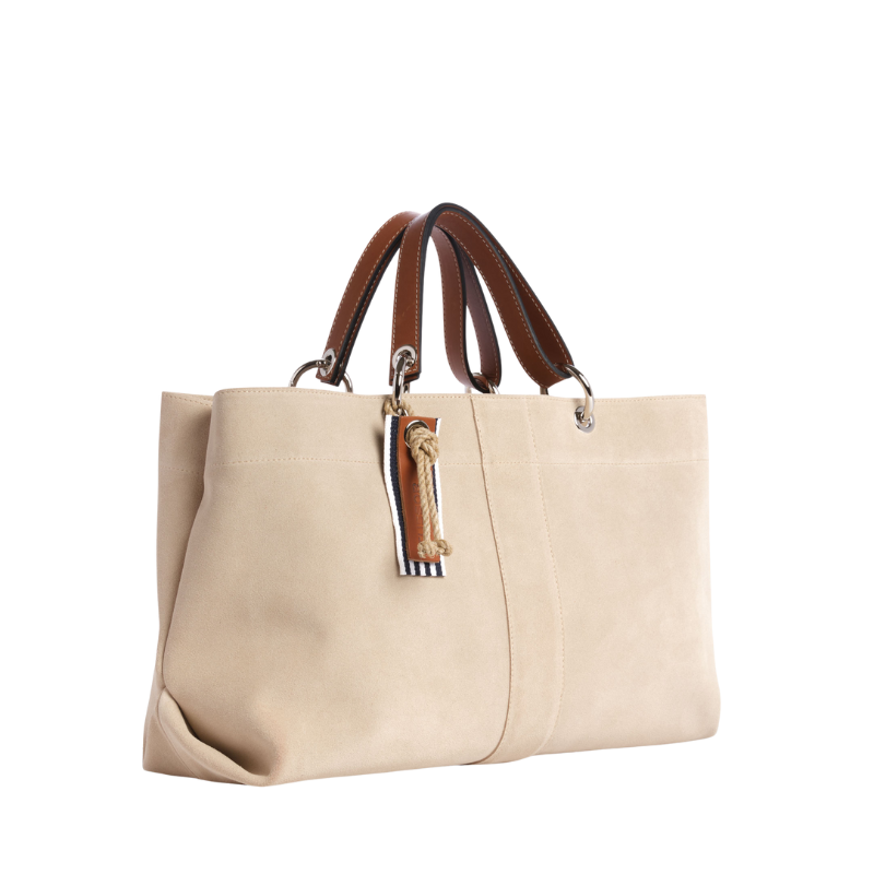 sac de ville modulable en cuir vachette velours grège avec des anses en cuir naturel