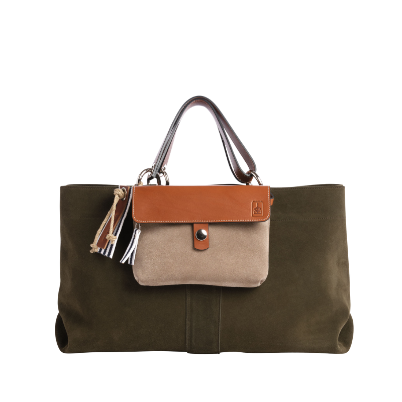 sac de ville modulable en cuir vachette velours Kaki avec des anses en cuir naturel