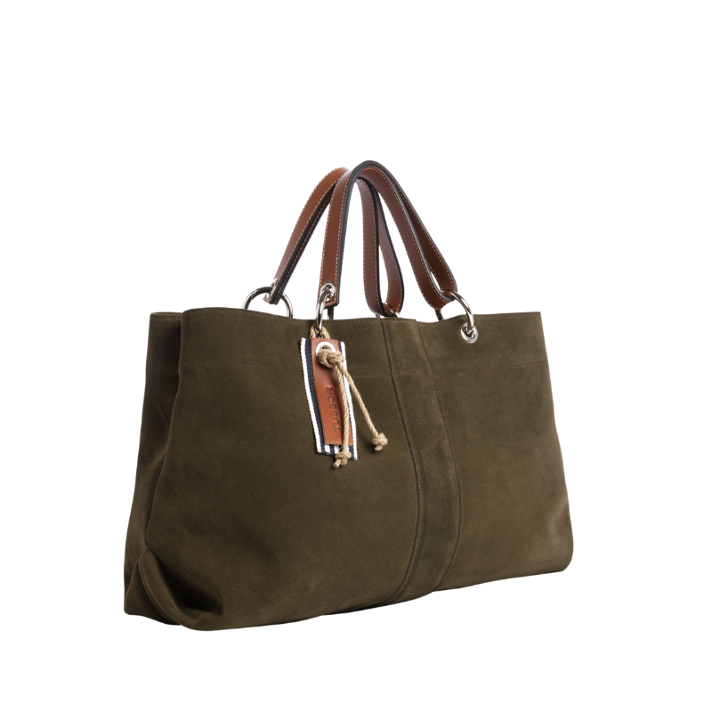 sac de ville modulable en cuir vachette velours Kaki avec des anses en cuir naturel