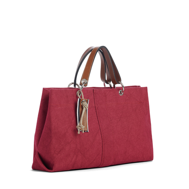 sac de ville modulable en chanvre et lin framboise avec des anses en cuir naturel