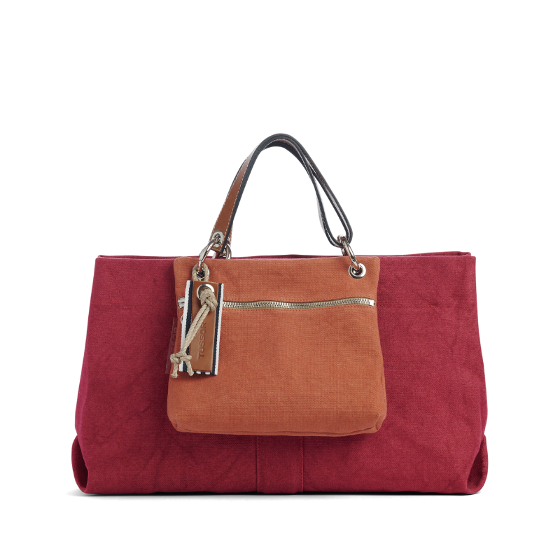 sac de ville modulable en chanvre et lin framboise avec des anses en cuir naturel et sa pochette yole en coton brique