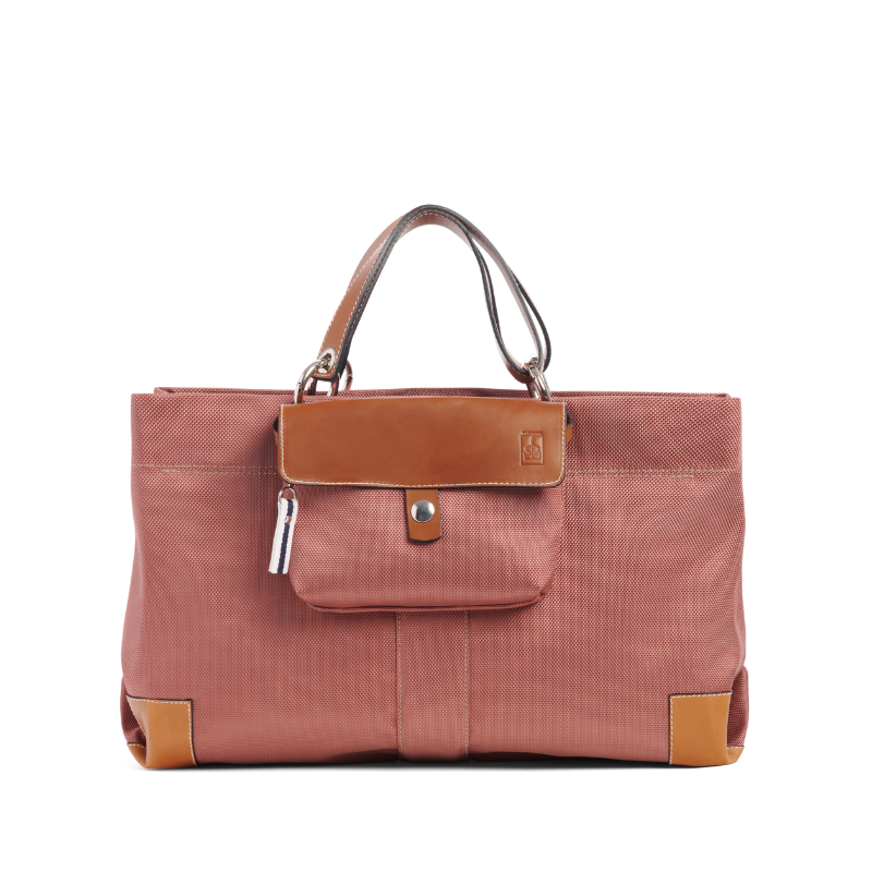 sac de ville modulable en polyester givre bois de rose avec des anses en cuir et sa pochette mobile bois de rose