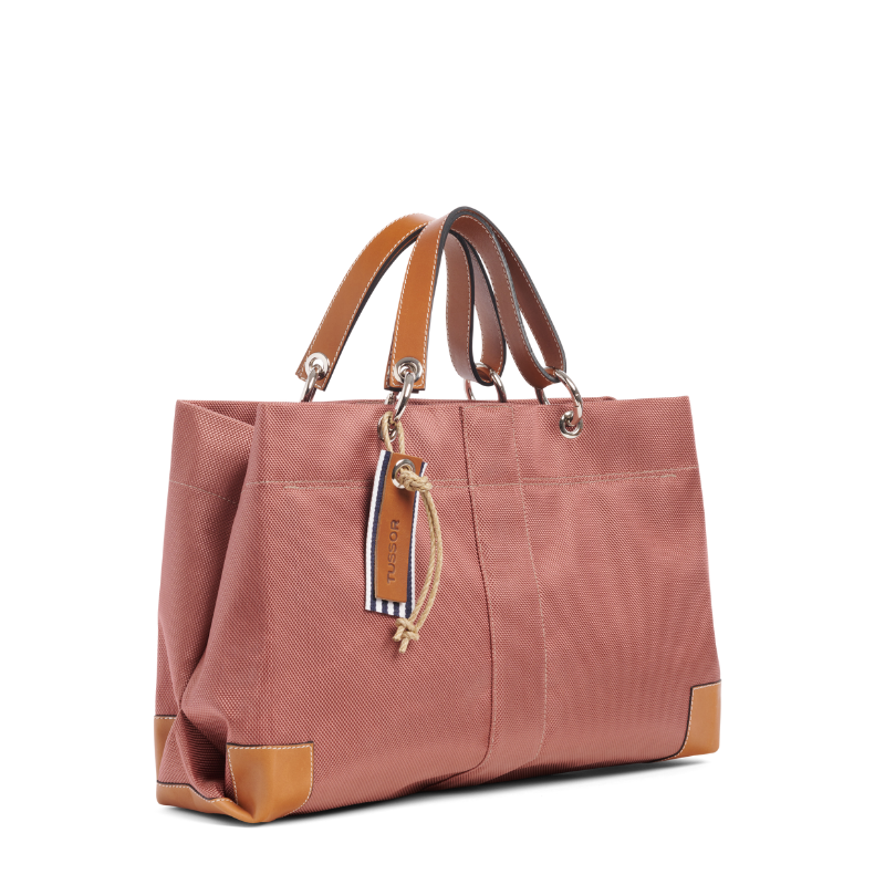 sac de ville modulable en polyester givre bois de rose avec des anses en cuir