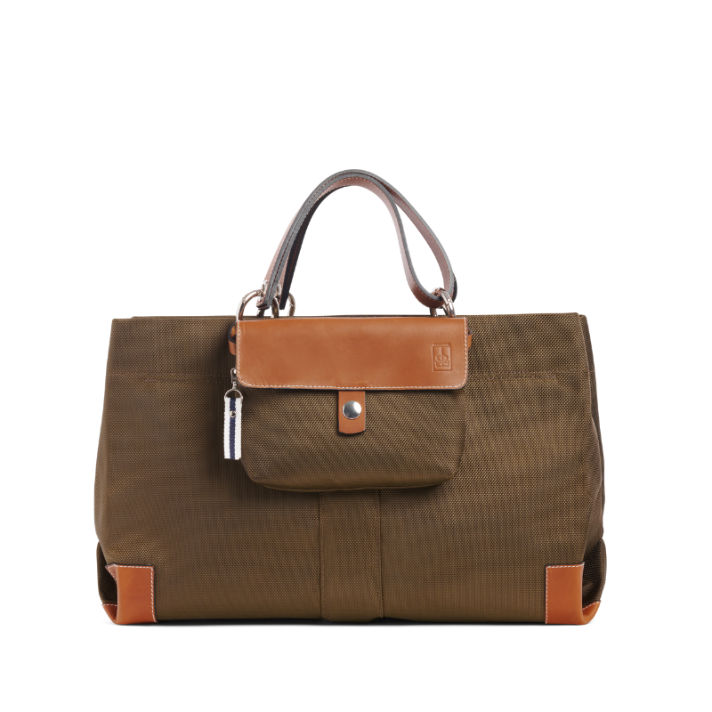 sac de ville modulable en polyester givre kaki avec des anses en cuir naturel et sa pochette mobile givre kaki