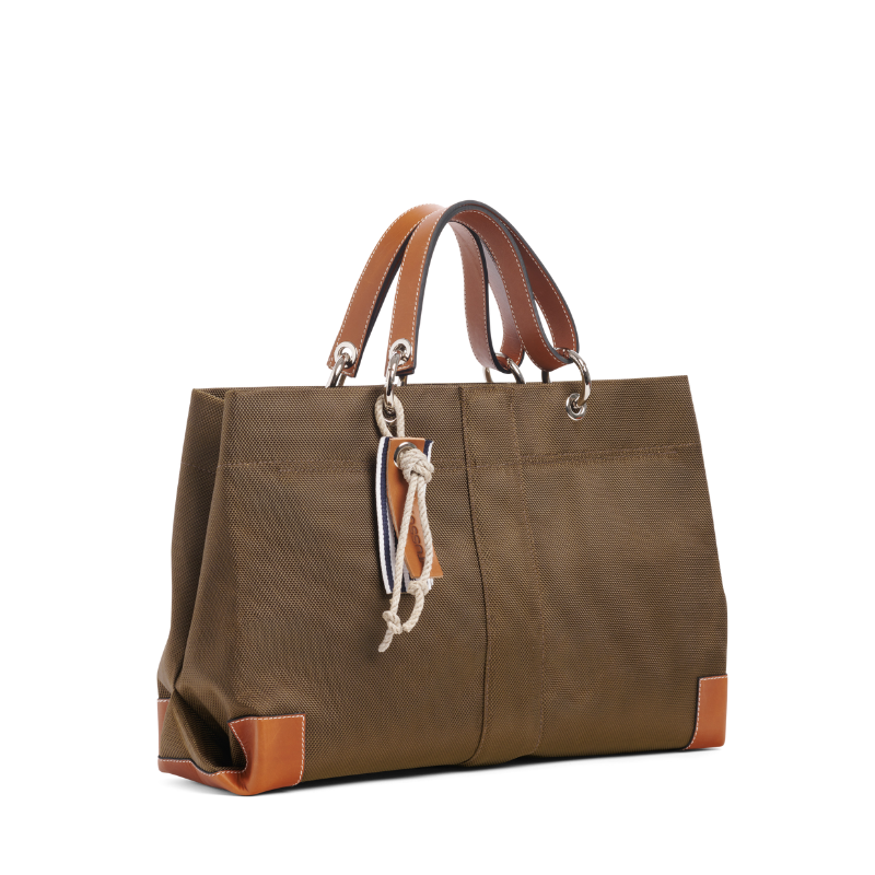 sac de ville modulable en polyester givre kaki avec des anses en cuir naturel