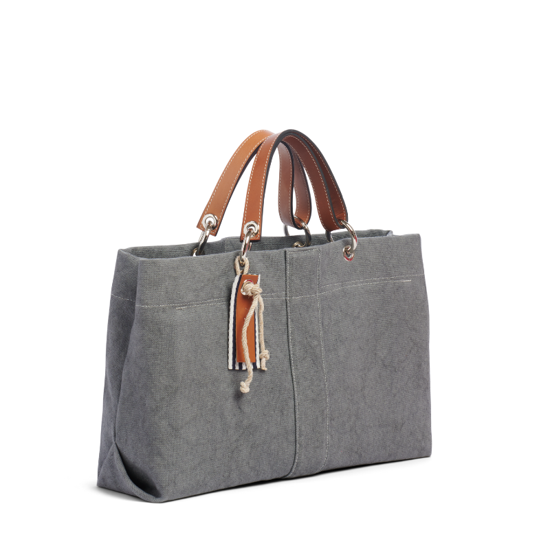 sac de ville modulable en coton gris avec des anses en cuir naturel