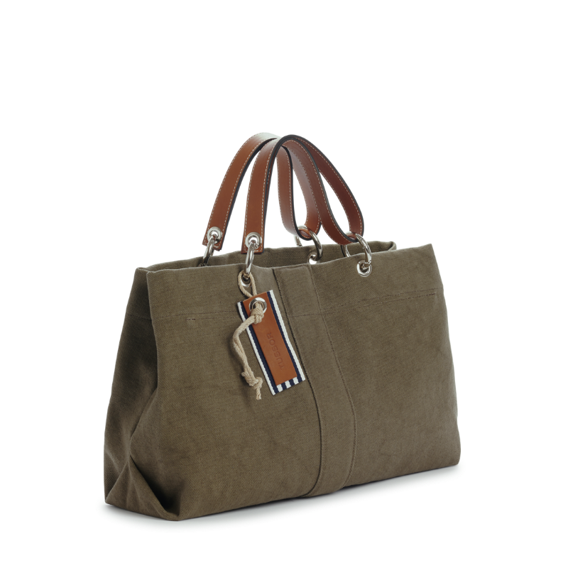 sac de ville modulable en coton kaki avec des anses en cuir naturel