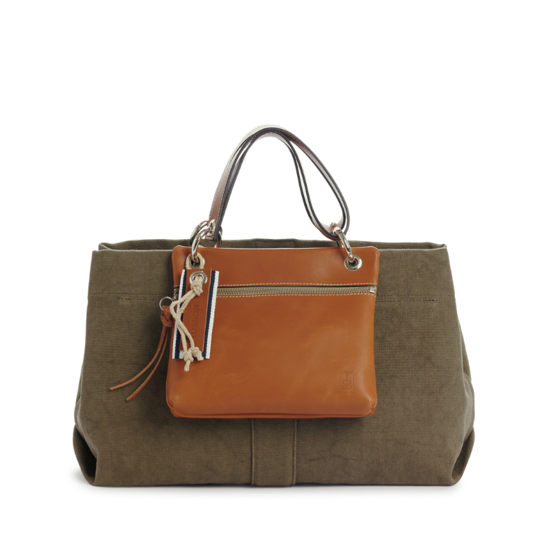 sac de ville modulable en coton kaki avec des anses en cuir naturel et sa pochette yole cuir gold