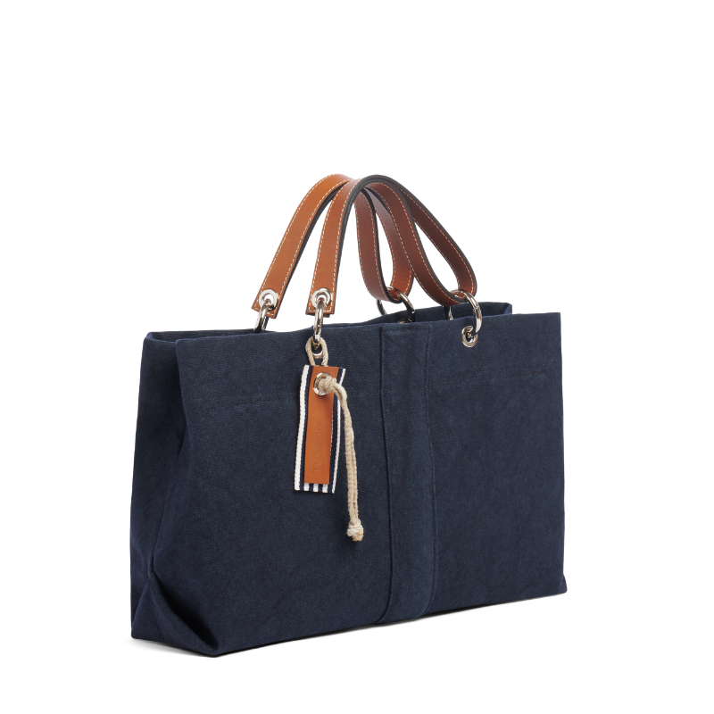 sac de ville modulable en coton marine avec des anses en cuir naturel