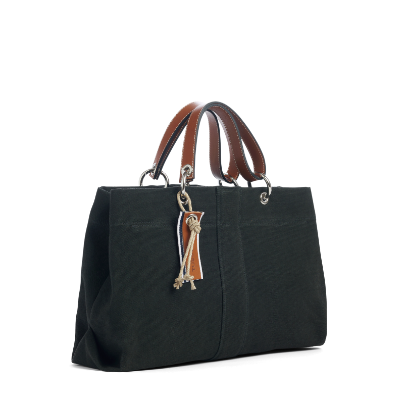 sac de ville modulable en coton noir avec des anses en cuir naturel