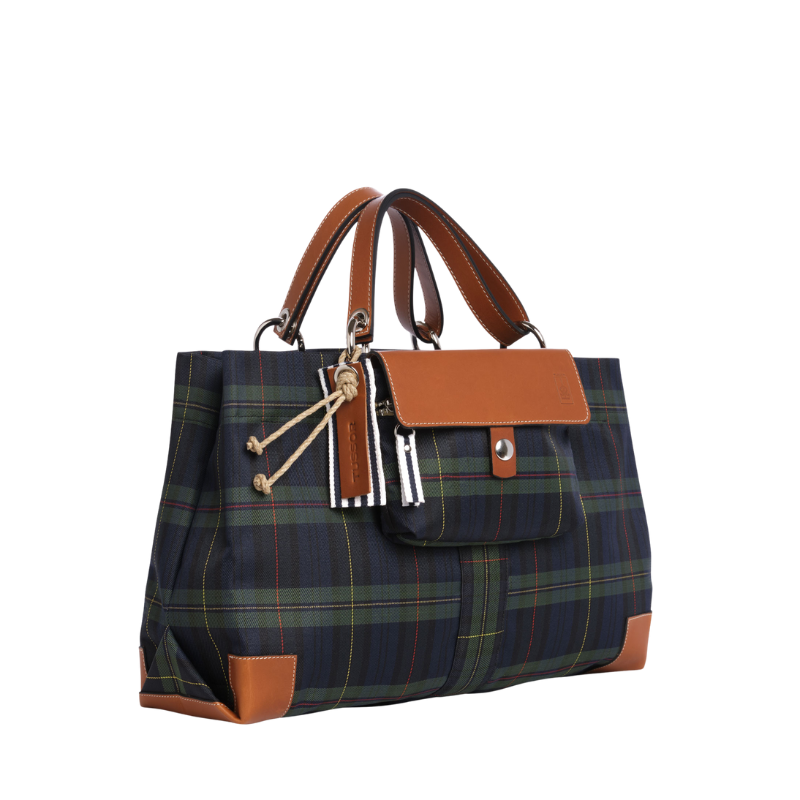 sac de ville modulable en polyester écossais marine avec des anses en cuir naturel